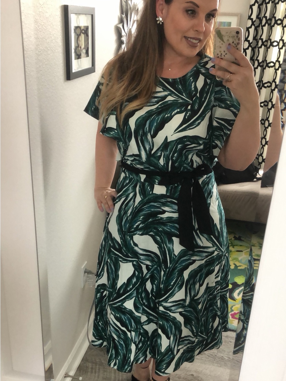 WHO WHAT WEAR Palm Midi Dress with Ribbon Belt - Large